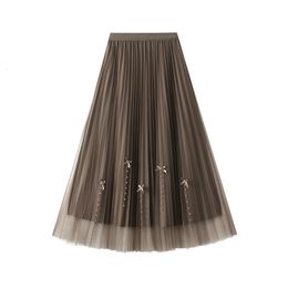 Skirts Beading Bow Tulle Pleated Black Long for 2023 Women High Waist Spring Summer Patchwork A Line Fairy Skirt Korean Style 230906