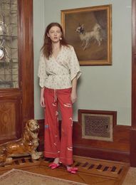 Women's Sleepwear Fancy Red Mallard Print Oversized Shirt/Wide-Leg Pants Comfy Abstract Duck Painting Animal Pattern Trouser Pajama Set
