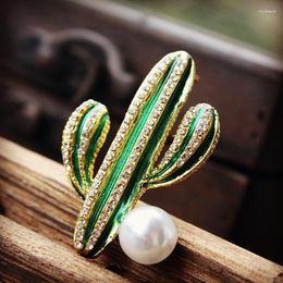 Brooches Cute Cactus Rhinestone Brooch Women Pearl Breast Pin Painted Gold Color Garments Lady Coats Accessories Fashion Jewelry