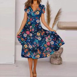 Casual Dresses Women's Print Loose V Neck Short Sleeve Comfortable Elegant Large Hemline Dress