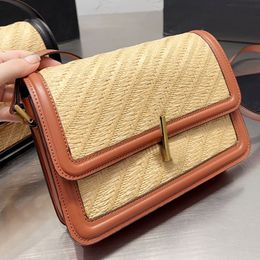 Leather Straw Cross Body Bag Women Shoulder Bag Square Flap Handbags Purse Metal Letter Hardware Hasp Clutch Wallets Interior Compartment High Quality Purse