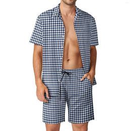 Men's Tracksuits Houndstooth Men Sets Navy Blue White Trendy Casual Shirt Set Short-Sleeved Design Shorts Summer Beach Suit Large Size