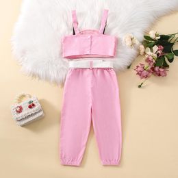 Clothing Sets Born 3 Pieces Kids Suit Set Solid Color Sleeveless Plush Tops Long Pants With Pockets Waist Bag For Girls 18M-6Y