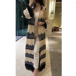 Women's Trench Coats Miyake Pleated Lace Coat Patchwork Flared Sleeve Lapel Long Loose Large Size 2023 Autumn Print Robe