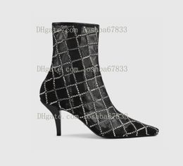 Women's Mesh High Quality Summer Naked Boots Fashion Rhinestone Pointed Leather Zipper Cool Boots 7.5cm Show Party Outdoor Casual Wedding Shoes Matching Box 35-42