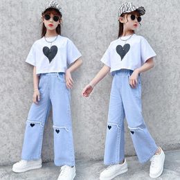 Clothing Sets 5-12 Years Teenager Girls Cotton Summer Fashion Letter Tops Denim Wide Leg Pants 2Pcs Outfits Kids Tracksuit