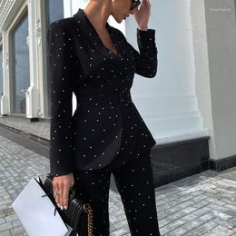 Women's Two Piece Pants PantSuit Polka Dots Business Classic Belt Double-breasted Buttons Blazer Straight Leg Set Formal Suits