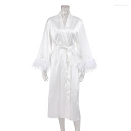 Women's Sleepwear Flare Sleeves Feather Robes With Fur White Wedding Sexy Women Dresses Satin Bathrobe Female Fashion 2023