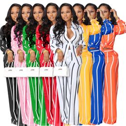 Striped Two Piece Set Elegant Outfits Women Casual Shirt and Wide Leg Pants Sets Free Ship