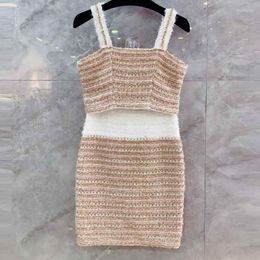 Work Dresses 22 Summer Pink Striped Knitted Sets Fashion Runway Sexy Short Cropped Navel Camisole Elegant Zipper Bag Hip Skirt For Women