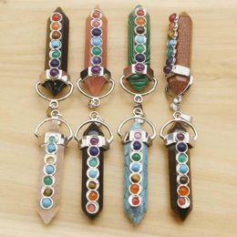 Pendant Necklaces Selling Original Natural Inlaid Pine Stone Crystal Column Hexagonal Necklace 7Chakra DIY Jewellery Accessories 6Piece