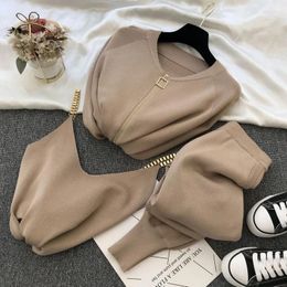 Women's Tracksuits Autumn Winter Fashion Knitted Sweater 3-piece Suit Jacket Cardigan Vest High Waist Pants Casual