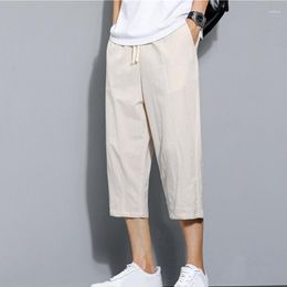 Men's Pants Harem Beach Shorts Cotton Linen Capri Mens Cargo Trouser Casual Elastic Waist Baggy Drawstring Pocket Loose