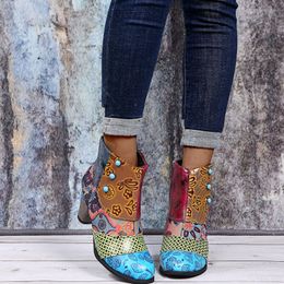 Boots Vintage Ankle for Women Splicing Printed Autumn Winter Short PU Leather Female Shoes Ethnic Chelsea 230905