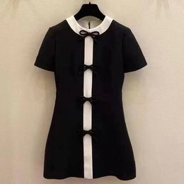 2023 Summer Black Contrast Colour Panelled Dress Short Sleeve Round Neck Knee-Length Casual Dresses S3S01M093