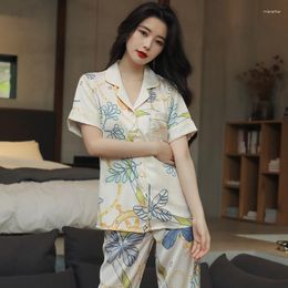 Women's Sleepwear 2023 Pyjamas Spring And Autumn Ice Silk Thin Imitation Short-sleeved Trousers Home Clothes For Summer