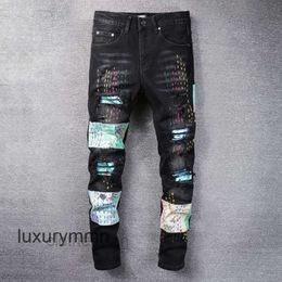 Jeans Amirrs Designer T Shirts 2023 Jean Casual Hip Hop Worn Out and Washed Splash Ink Color Painting Slim Fit Men's 7MIY