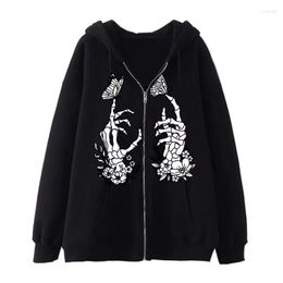 Men's Jackets Gothic Skull Print Women Hoodies Zip Pocket Sweatshirts Hip Hop Streetwear Loose Hooded Harajuku Casual Jacket Y2K Clothes