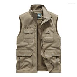 Men's Vests Men Vest Jacket Zipper Sleeveless Waistcoat Pockets Workear Cargo Windbreaker Black Khaki Army Many Pocket Coat