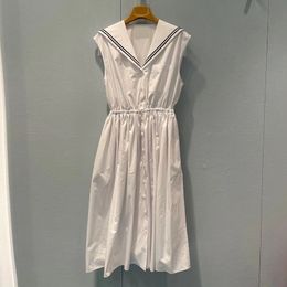 2023 Summer White Solid Colour Dress Sleeveless V-Neck Buttons Knee-Length Casual Dresses S3S01M093