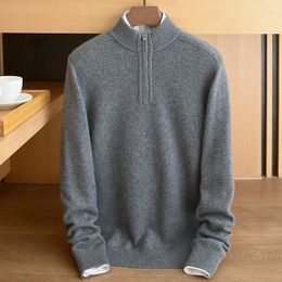 Men's Sweaters Thickened Pure Cashmere Sweater Zipper Half High Neck Middle-aged Solid Colour Pullover Casual And Warm