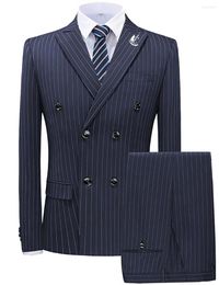 Men's Suits 2Pcs Vertical Stripe Male Blazer Set Slim Fit Business Edition Double Breasted Solid Men Wedding Banquet (Jacket Pants)