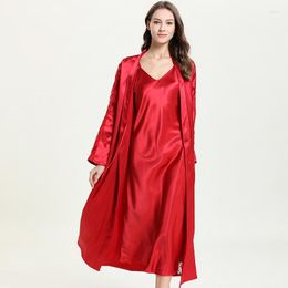 Women's Sleepwear Lace Twinset Robe Set Lady Nightdress Home Clothes Satin Kimono Bathrobe Gown Belt Intimate Lingerie 2PCS Night Dress