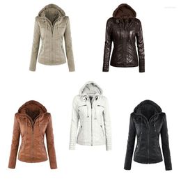 Women's Jackets Womens Faux Leather Short For JACKET With Detachable Drawstring Hood Stand Collar Casual Motorcycle Zip Up Long N7YE