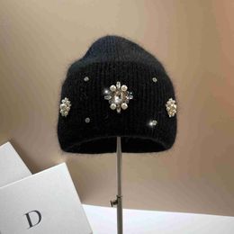 Beanie/Skull Caps Designer Brand Women Luxury Rhinestones Knitted Hat Autumn Winter Rabbit Fur Beanie Cap Female Thicken Warm Skullies Caps x0907