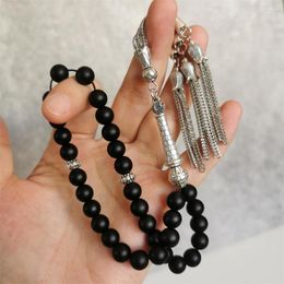 Strand Black Tasbih Synthetic Stone Muslim Bracelet Misbaha Islamic Gift Silver Metal Tassels 33 Prayer Beads Jewellery Handmade Rosary