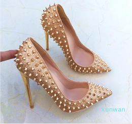 high-quality leather red-soled shoes in sizes 35 to 40, golden studded fringed high heels, leather pointed stiletto heels