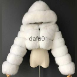 Women's Fur Faux Fur Fashion Hooded Faux Fur Coat Women 2023 Winter High Quality Warm Blue Furry Overcoat Elegant Plush Crop Jacket Femme x0907