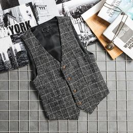 Men's Vests Fashion Plaid V Neck Suit Vest Men Plus Size 7XL Waistcoat Streetwear Wedding Office Wearing Clothing