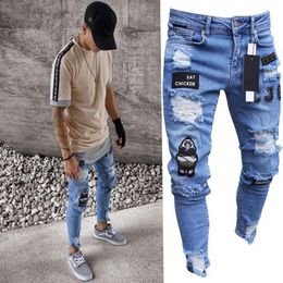 New Mens Skinny jeans Casual Biker Denim Ripped hiphop Ripped Pants Washed Patched Damaged Jean Slim Fit Streetwear2899