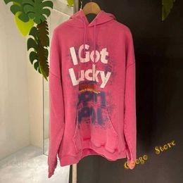 Men's Hoodies Sweatshirts 2023 Autumn Winter Top Quality VTM Pullovers Vintage Washed Pink I Got Lucky Hoodie Hooded For Men Women With Tags T230907