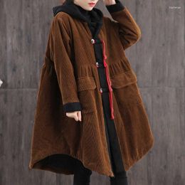 Women's Fur Corduroy Cotton Jacket Med Length Winter Style Korean Version Loose Retro External Clothing Long Coats With Large Size Outerwear