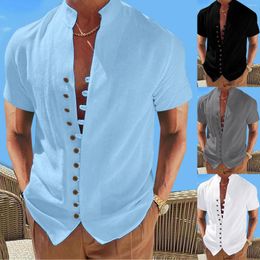 Men's T Shirts Mens Holiday Seaside Leisure Loose Button Stand Collar Solid Shirt Short Sleeve Top Fashion Men With Long