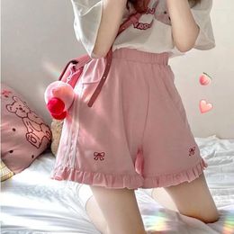 Women's Shorts Sweet Women Kawaii Bow Embroidery Ruffles Short Pants Student Cute Lolita Harajuku Stripe Wide Leg Sports