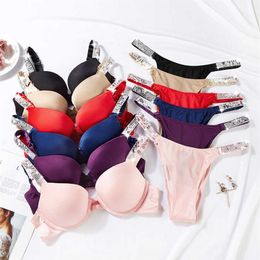 Sexy VS rhinestone letters underwear women's suit gather girls comfortable bra set rhinestone lingerie pink Q0705217j