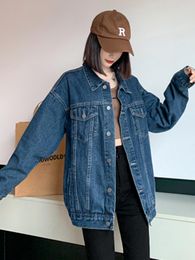 Women's Jackets 2023 Denim Jacket Coat Autumn And Winter Simple Lapel Relaxed Thin Lazy Style Navy Blue