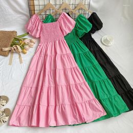 Party Dresses Beach Resort Vintage Style Square Neck Bubble Sleeve Wrapped Waist Show Thin Ruffle Edge Cake Mid Length Women's Dress