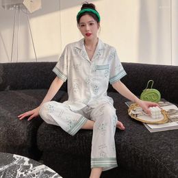 Women's Sleepwear Ice Silk Pajamas Women Summer Thin With Short Sleeve Printed Suit Web Celebrity Senior Simulation The Household To Take