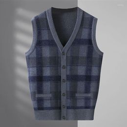 Men's Vests Super Anti-pilling Top Grade Plaid Sweater Winter V Neck Woolen Fashion Knit Cardigan Casual Vest Sleeveless G08