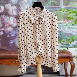 Women's T Shirts High-quality Flutter Collar Bow Tie Polka Dot Silk Blouse Women 2023 Fall Long-sleeved Scarf Clothing