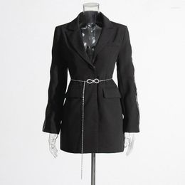 Women's Suits SuperAen 2023 Autumn Fashion Style Simple Design Chain Decoration Waist Suit Coat Long Sleeve Women Blazers And Jackets