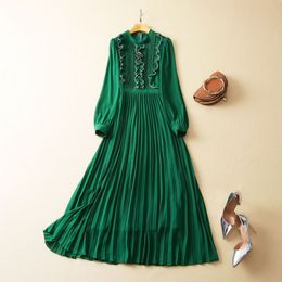 2023 Black / Green Solid Colour Pleated Dress Long Sleeve Round Neck Panelled Chiffon Midi Casual Dresses S2D072323 Plus Size XXL