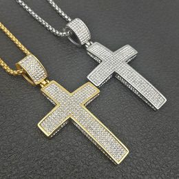 Pendant Necklaces Stainless Steel Cross Pendants Necklaces Gold Color CZ Stone Paved Bling Iced Out Hip Hop Rapper Jewelry with 24" Gold Chain 230907