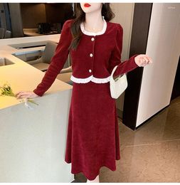 Work Dresses Spring Elegant Women Two-piece Set Retro Office Lady Fashion Corduroy Ruffles Slim Tops & A Line Midi Skirts Suit Female