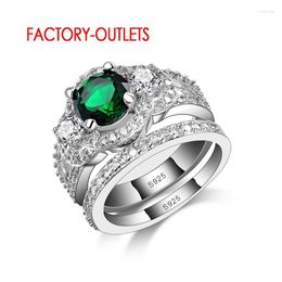 Wedding Rings Elegant Design 2pcs 925 For Women Green CZ Crystal Engagement Finger Set