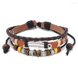 Charm Bracelets BOHO Tibet Alloy Feather Multilayer Leather Bracelet Charms Beads For Men Vintage Punk Wrap Wristband